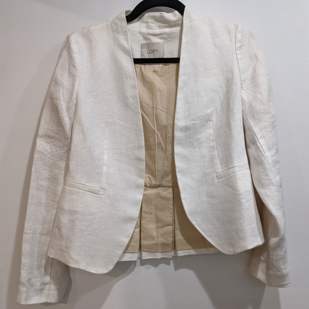 NWOT Ann Taylor LOFT Linen Herringbone Collarless Open Front Blazer Jacket